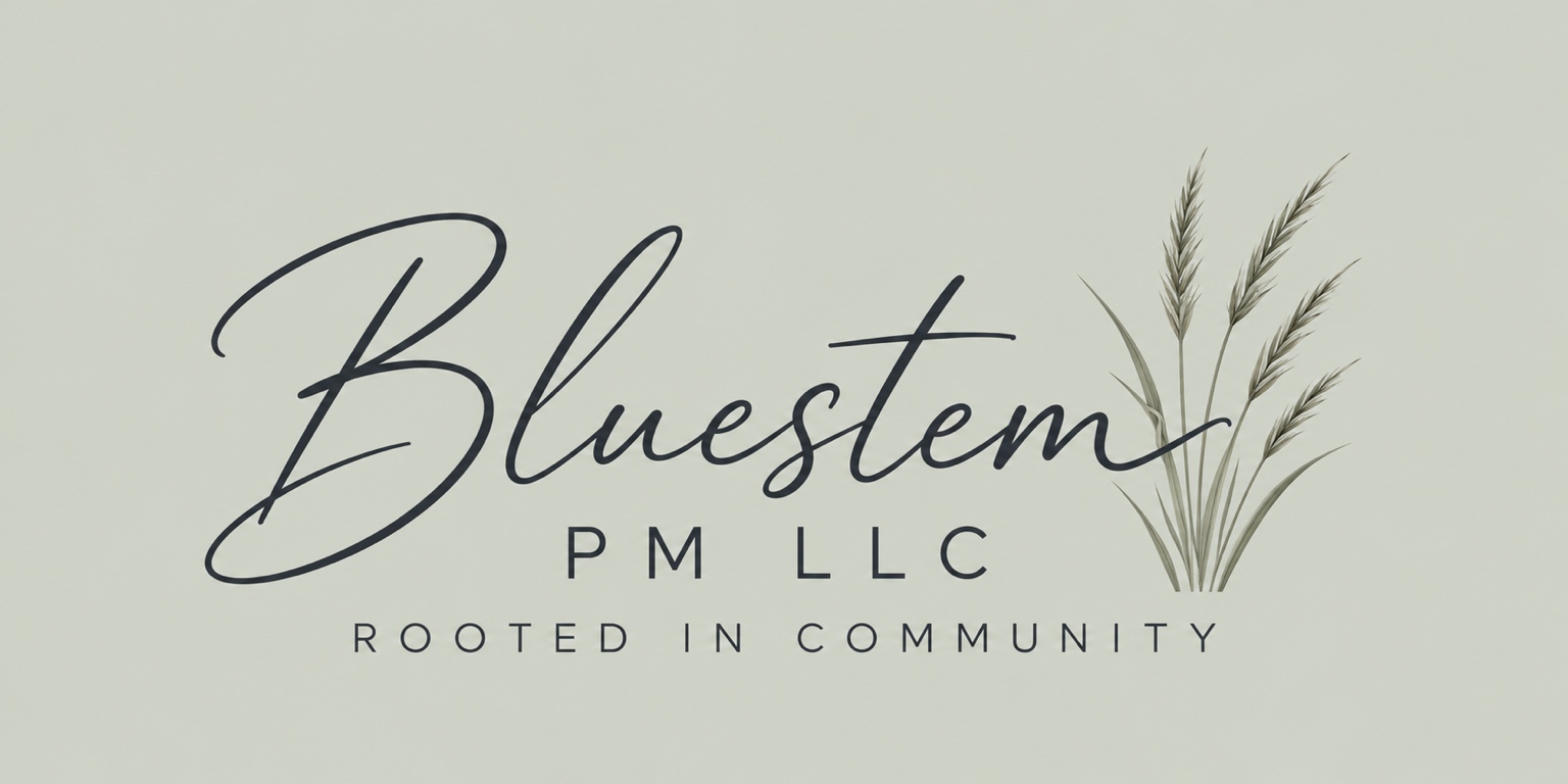 Bluestem PM LLC — Rooted in Community logo featuring bluestem grasses